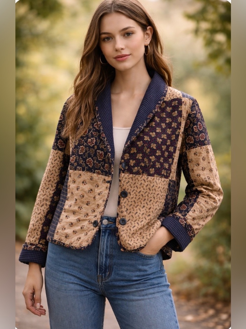 80s Cotton Quilted Jacket REVERSIBLE Cropped Patchwork Spring | M/L Cottagecore